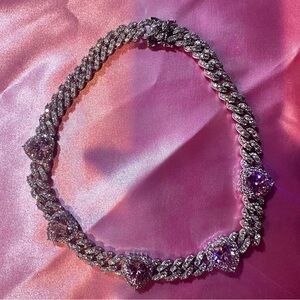 16” 11mm Bling Pink Heart Cuban Link Chocker Necklace